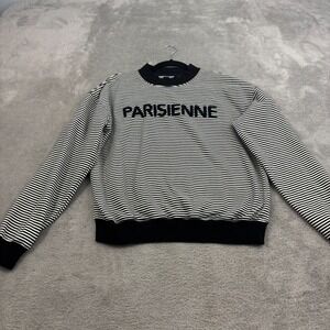ellandemm Parisienne Pullover Crew Neck Sweater Womens L Black Striped Nautical